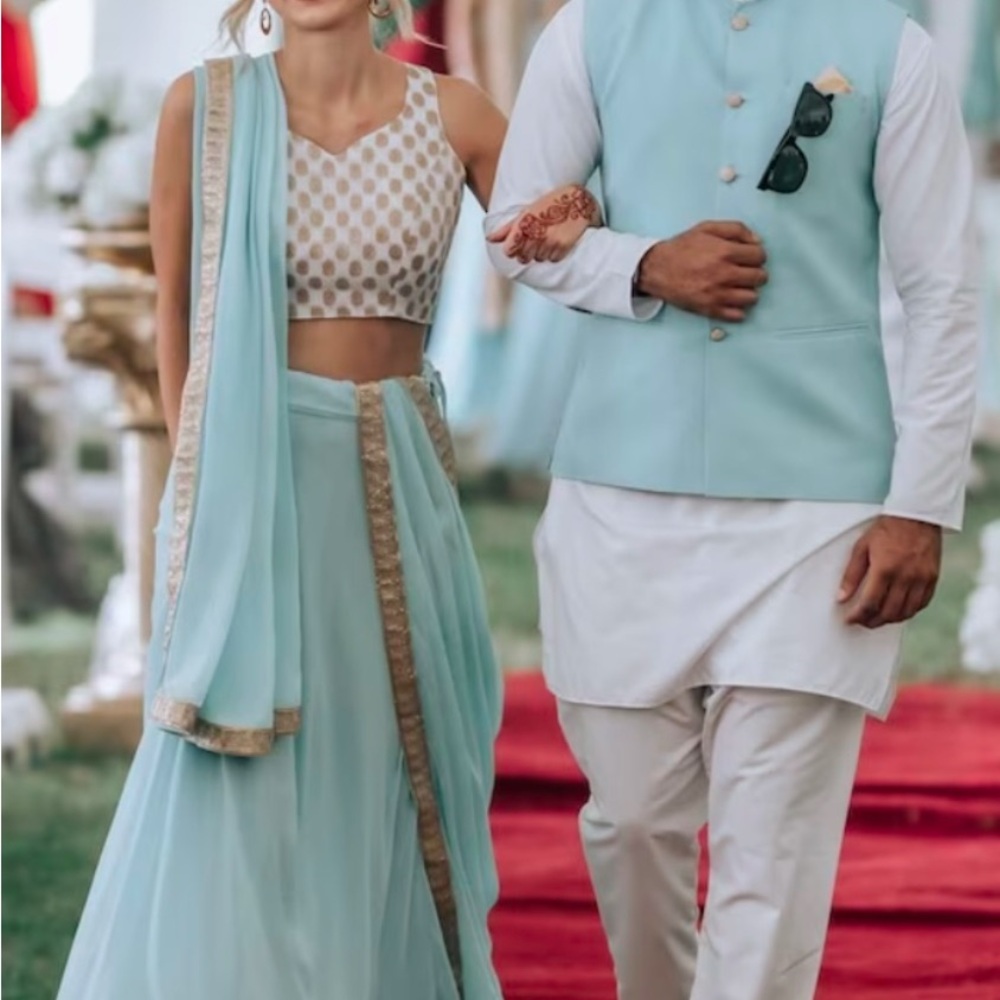 Matching Indian Wedding Outfits for a couple. Light blue.